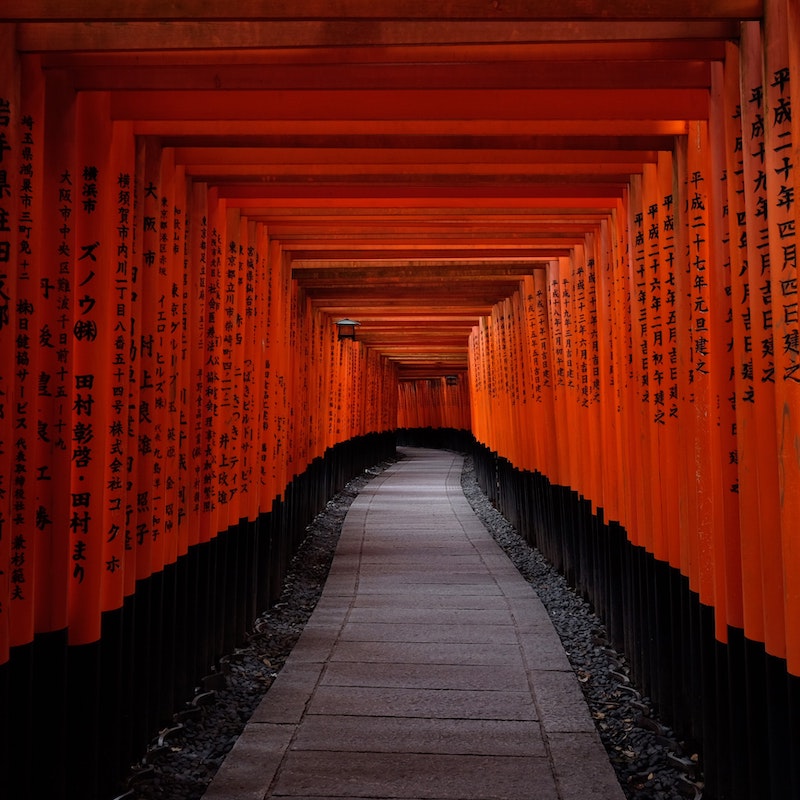 El santuario Fushimi Inari en Kioto es muy popular por sus múltiples torii rojos. Foto de Junsheng Chen en Unsplash
